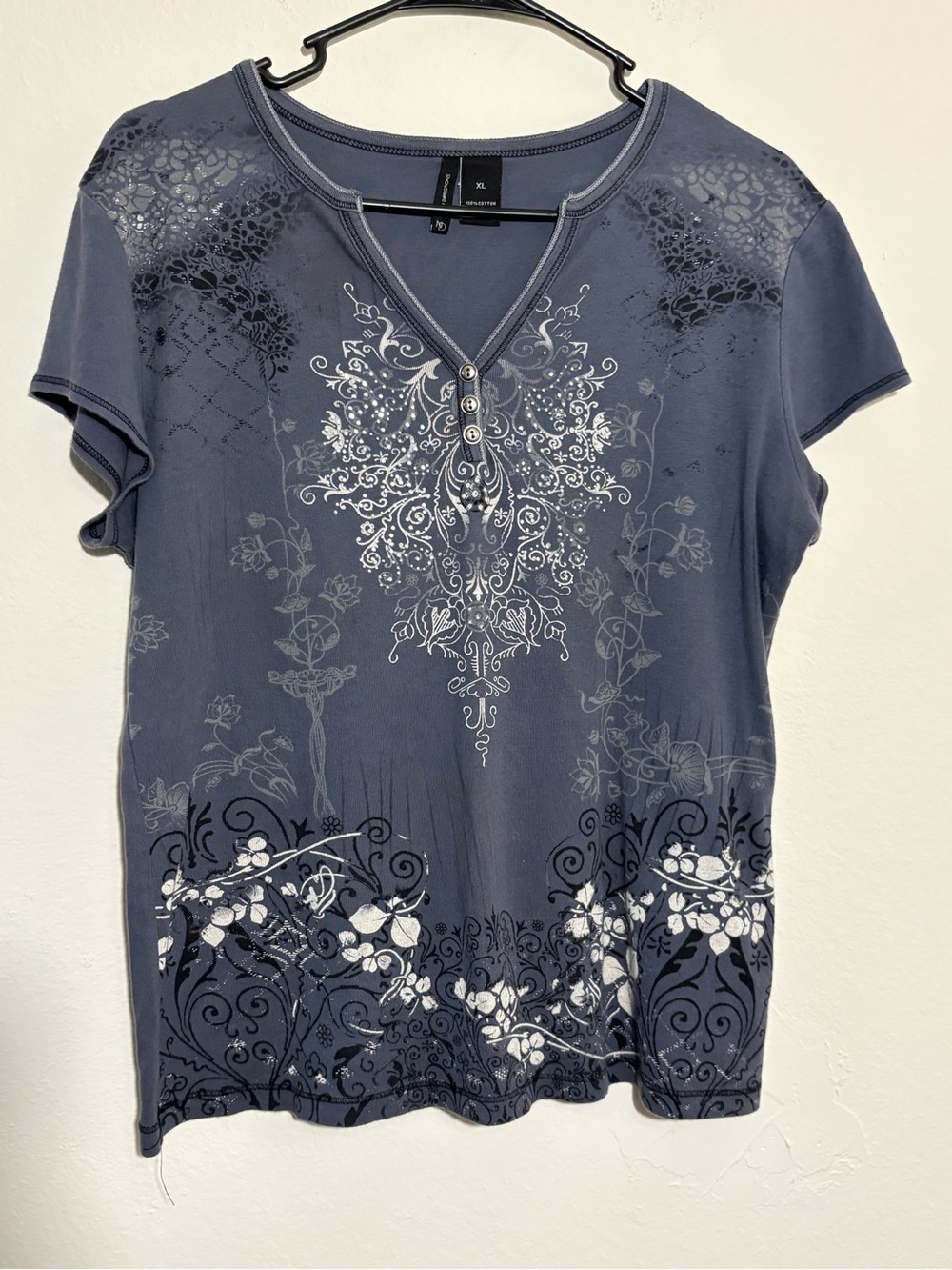 New Directions Y2K Blue Embellished Floral Henley Top XL 100% Cotton